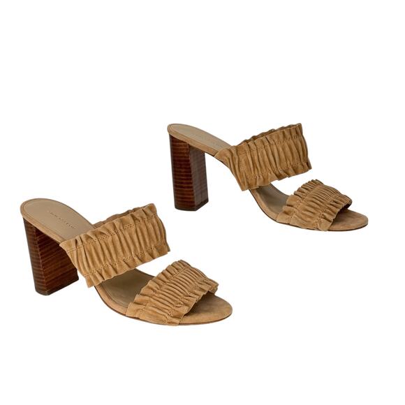 Ann Taylor Ruffle Heels Mule Sandal SZ 8.5 Womens Tan Boho Chic Casual Vacation - Picture 2 of 12